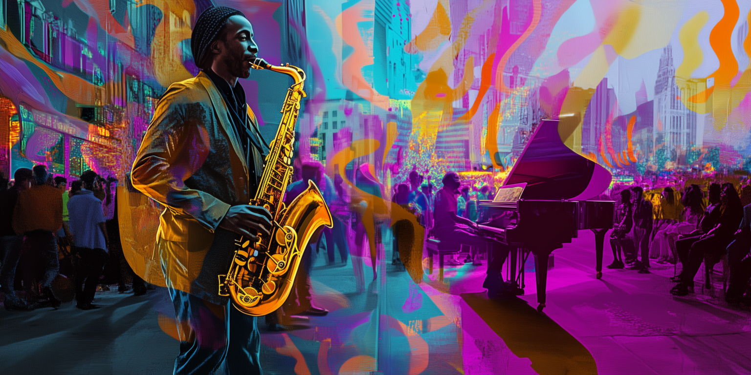 Musicien de jazz jouant du saxophone dans une rue animée, avec des couleurs vives et des formes abstraites évoquant la fusion entre musique et art urbain.