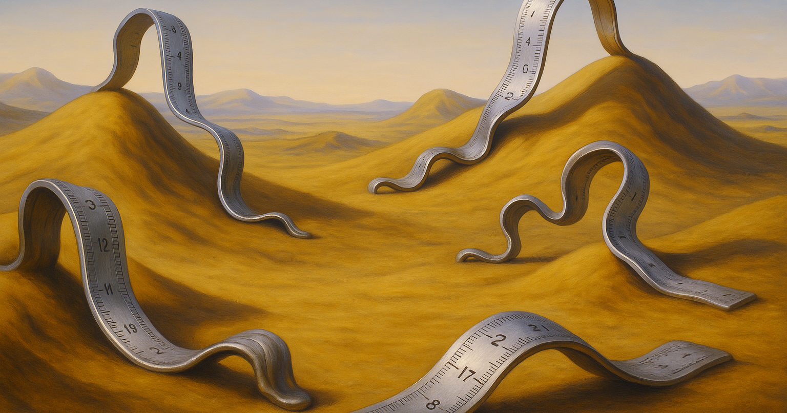 Des règles métalliques molles serpentent sur un paysage désertique ocre, formant des courbes irréalistes sur des collines arides.